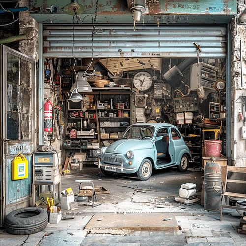 FIAT 500 light blue Workshop classic car repair Transience