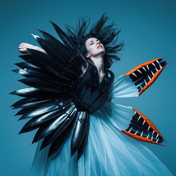 Woman Wearing Avant-Garde Dress with Leaf-Like and Toothy Struct by Markus Gann