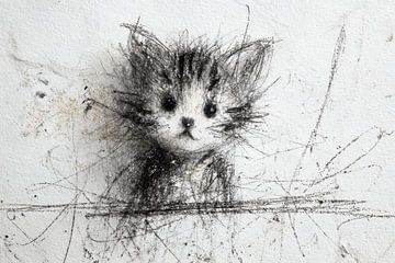 Zwart-Wit Kunst print – Schattige Kitten in Schetsstijl van Peter Pen tekeningen en schilderijen