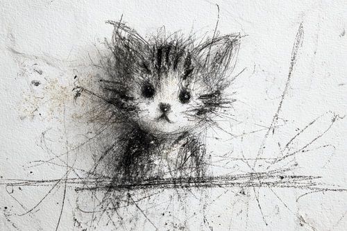 Black and white art print - Cute Kitten in Sketch Style