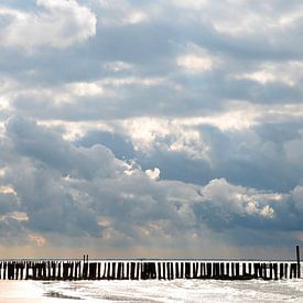 Strand met golfbrekers bij Zoutelande, Zeeland van Rini Kools