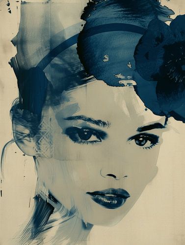 Modern en abstract portret, blauwe inkt