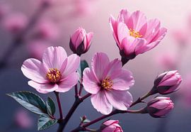 Rosa Blüten und Knospen am Zweig