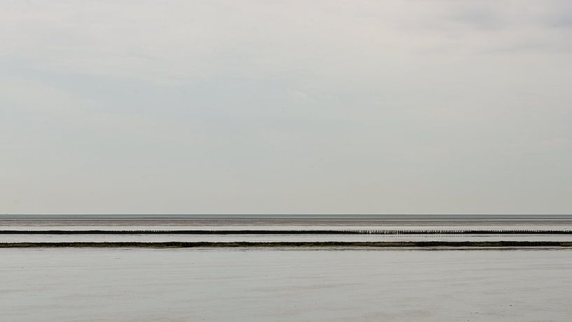 Eine Pfahlreihe als Wellenbrecher im Wattenmeer bei Hochwasser 1 von Rob Liefveld