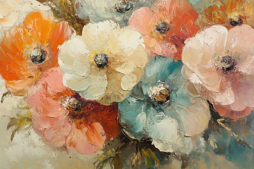 Blumenmalerei | Abstrakte orange und blaue Blumen von Wunderbare Kunst