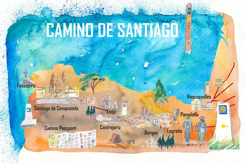 Camino de Santiago de Compostela travel poster carte favorite points forts des pèlerinages par Markus Bleichner