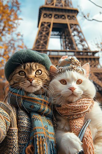 De perfecte groeten uit Parijs: Twee katten en de Eiffeltoren