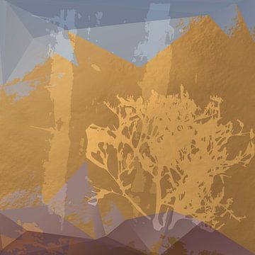 Moderne abstrakte Botanik. Pflanzen und Formen in Ocker, Gold, Lila, Graublau von Dina Dankers
