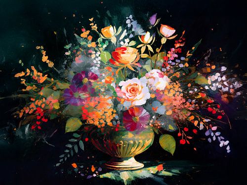 Imposant Stilleven. Bloemstuk in goudkleurige vaas