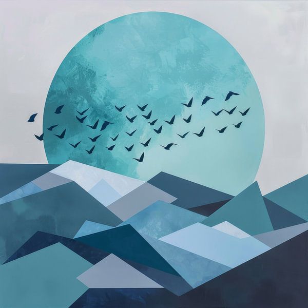 Blue sunrise with birds - Minimalist landscape art by Poster Art Shop
