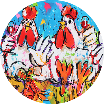 Proostende Kleurrijke Kippen van Vrolijk Schilderij