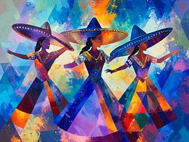 A colourful Mexican painting featuring dancing women by STUDIO ARTSY