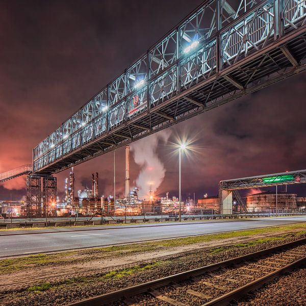 Night scene with massive pipeline bridge near refinery, Antwerp 2 by Tony Vingerhoets