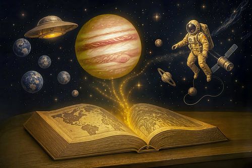 Astronaut zweeft uit een kosmisch sprookjesboek