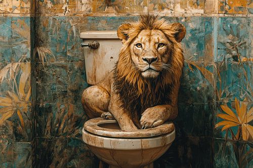Lion on Toilet in a Forgotten Jungle Atmosphere
