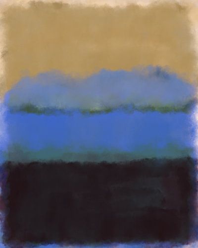 Oker, blauw, zwart. Kleurenveldschilderij geïnspireerd door Mark Rothko.