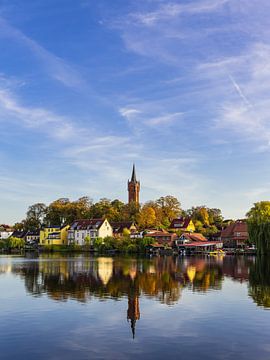 View over the lake Haussee to the town Feldberg