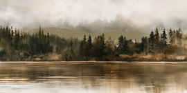 Landschaft mit nebligem Waldsee