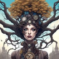 Meisje in steampunk look voor een boom