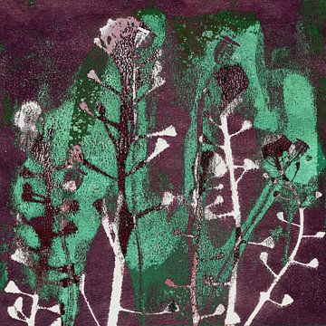 Contes de fées de la forêt. Art botanique abstrait coloré en violet et vert sur Dina Dankers