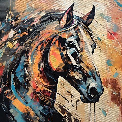 Kleurrijk paarden hoofd in oranje rood blauw en zwart