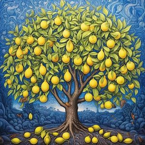Zitronenbaum gelbe Früchte surreal Landschaft blau Natur