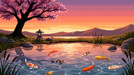 Sunset Koi Reflection — Japanese Pixel Art Pond by my pixel art