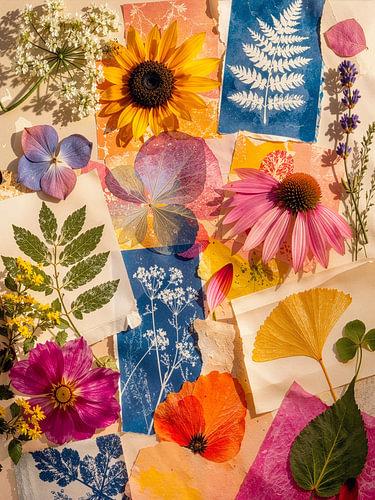Botanische Collage aus gepressten Blumen