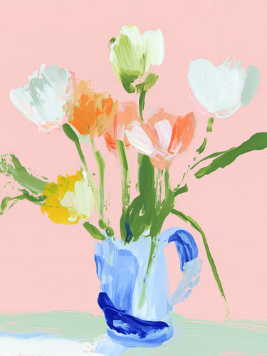 Tulpen im blauen Krug – Pastell-Blumenbild
