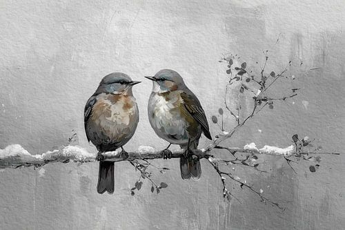 Het is Winter: twee vogels op een besneeuwde tak