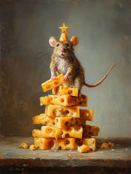 Kerstmuis op kaasstapel – speels winterstilleven in warme schilderstijl van But First Framing