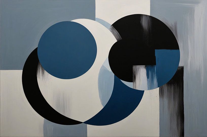 Geometrische abstractie in zwart, wit en blauw van Art & Soul Creations