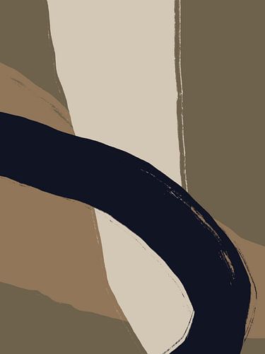 Abstracte vormen en lijnen in taupe, zwart, bruin en wit.