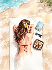 Illustratie van een vrouw die ontspannen in de zon ligt op een strandlaken tijdens een zomervakantie (bovenaanzicht) van Kimita Jennaira