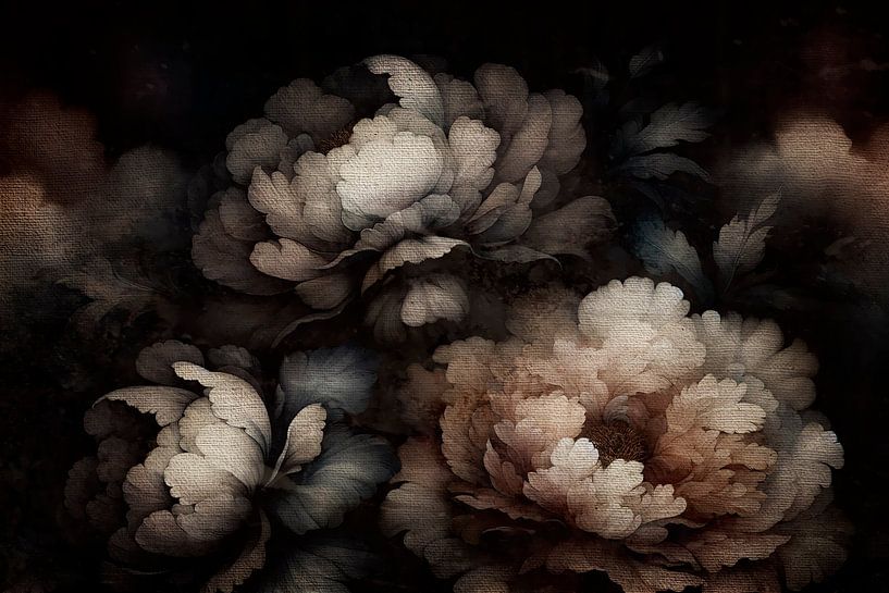 Still life with peonies in dark colours by Mad Dog Art