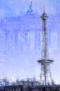 City-Art BERLIN Radiotoren & Brandenburger Tor | blauw van Melanie Viola thumbnail