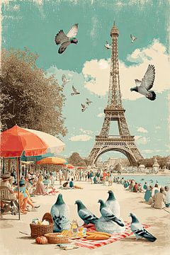 Eiffel Tower Picnic Chaos – Humoristische Retro Poster van BowiScapes abstract en digitale kunst