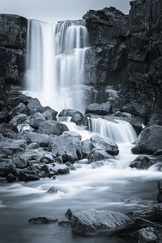 Waterfall the Oxararfoss in Black and White