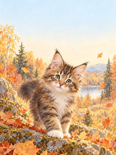 A fluffy kitten amongst colourful autumn leaves