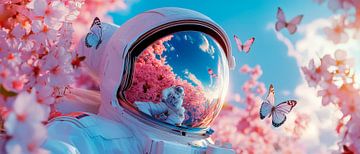Astronaut in een bloemenzee met vlinders van Poster Art Shop