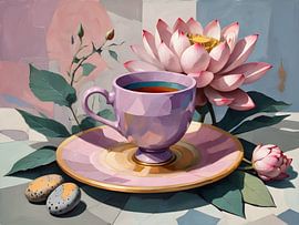 Fleur de lotus et tasse à thé en équilibre harmonieux sur Bart Veeken