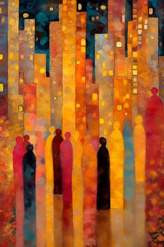 Nächtliche Versammlung – Abstrakte Stadt mit Licht und Figuren von Whale & Sons