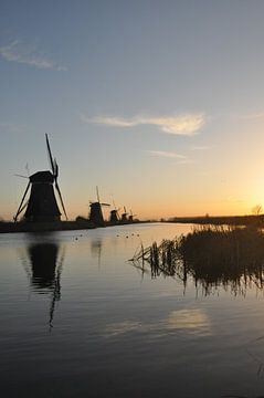 A beautiful, typical Dutch landscape with windmills on a calm body of water at sunrise in Kinderdijk. by UMA Digital NL