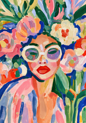 Floral Expression - Porträt mit Sonnenbrille und bunten Blüten von Niklas Maximilian