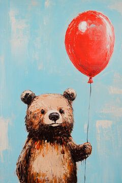 Schattige beer met rode ballon van Poster Art Shop