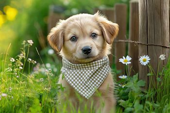 Un chiot mignon avec une écharpe est assis dans un jardin parmi l'herbe et les fleurs.