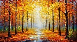 Lebendiger Herbstwaldweg – Ultra-farbenfrohes impressionistisches Ölgemälde Landschaft von Kimita Jennaira