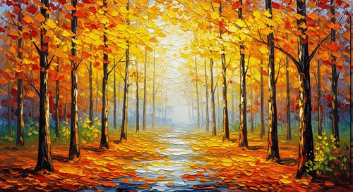 Levendig herfstbospad – Ultra kleurrijk impressionistisch olieverfschilderij Landschap