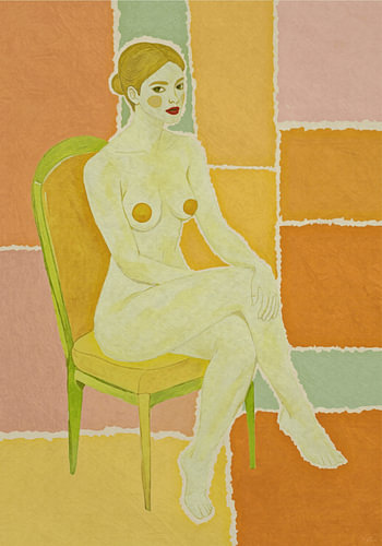 Moderne Pop Art Nackte Frau im Stuhl, Retro-Farbpalette