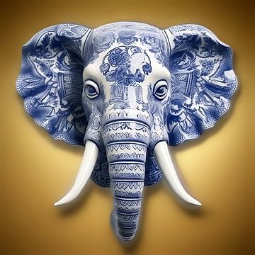 Olifant in delfts blauw - gouden achtergrond van Dunto Venaar